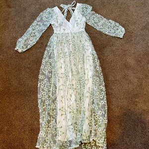 This is a super cute dress! Fits to size. It’s got an open back and lace on top!